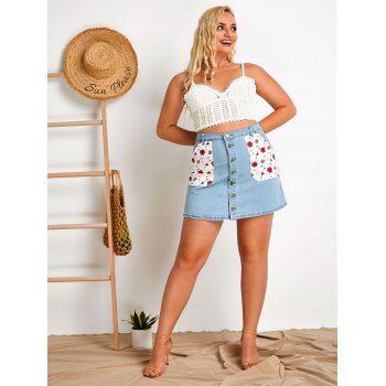 Floral Patched Pockets Denim Plus Size Mini Skirt