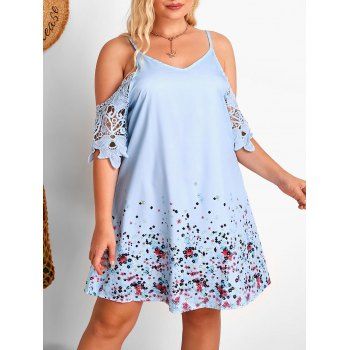 

Plus Size Crochet Applique Floral Open Shoulder Dress, Light blue