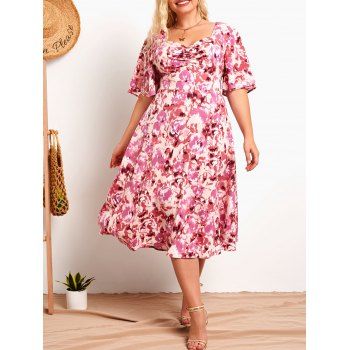 

Plus Size Ruched Flower Print Empire Waist Dress, Light pink