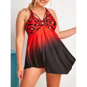 

Plus Size O Ring Leopard Print Asymmetric Tankini Swimwear, Red