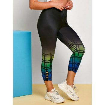 

Ombre Plaid Ruched Buttoned Side Plus Size Capri Leggings, Black