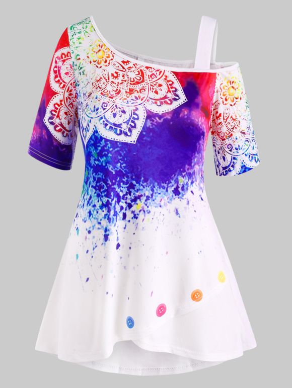 Haut à Imprimé Peinture Eclaboussée à Epaule Dénudée de Grande Taille - Blanc 3X