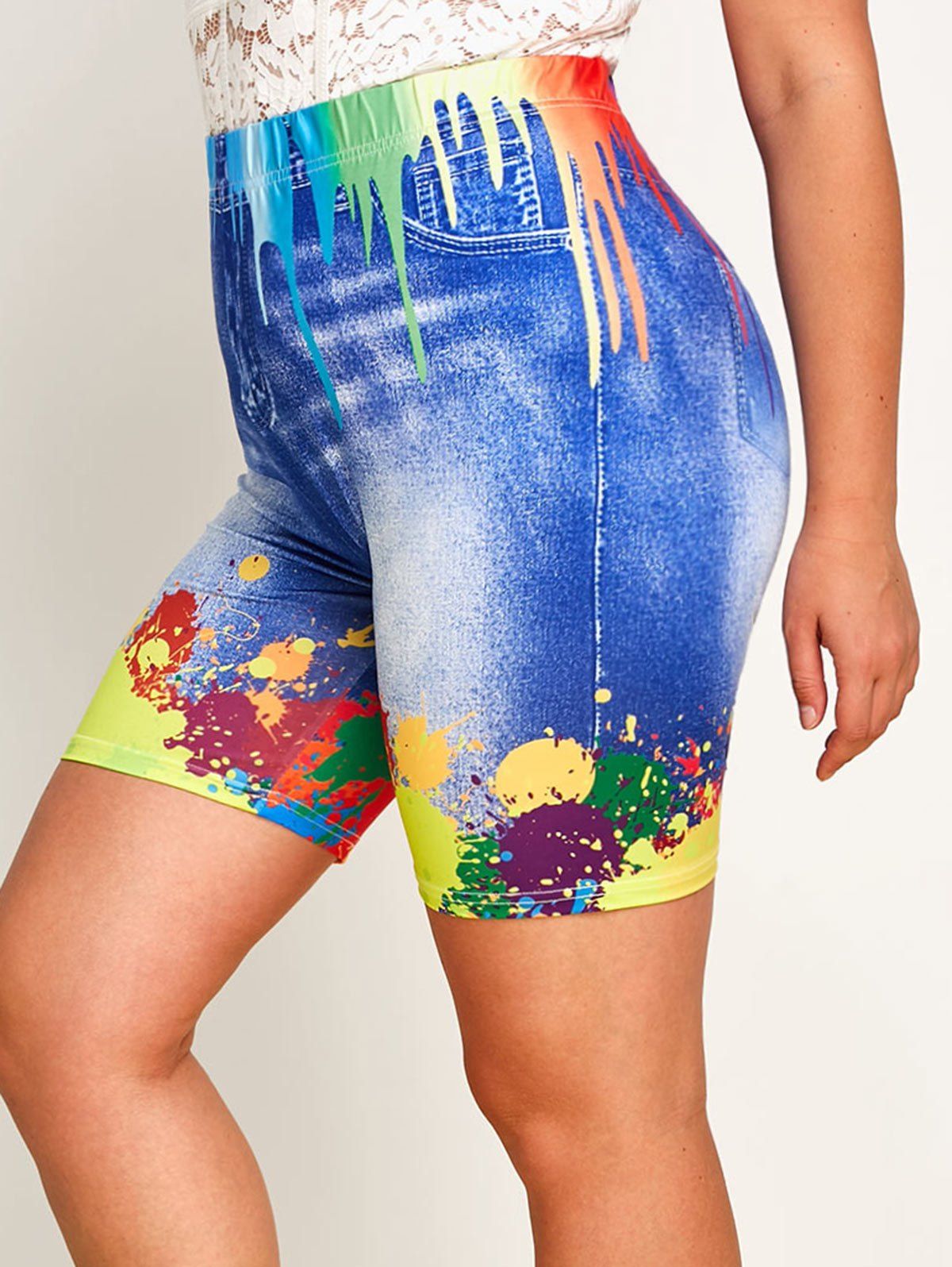 Plus Size Splatter Paint 3D Jean Print Short Leggings - BLUE 5X