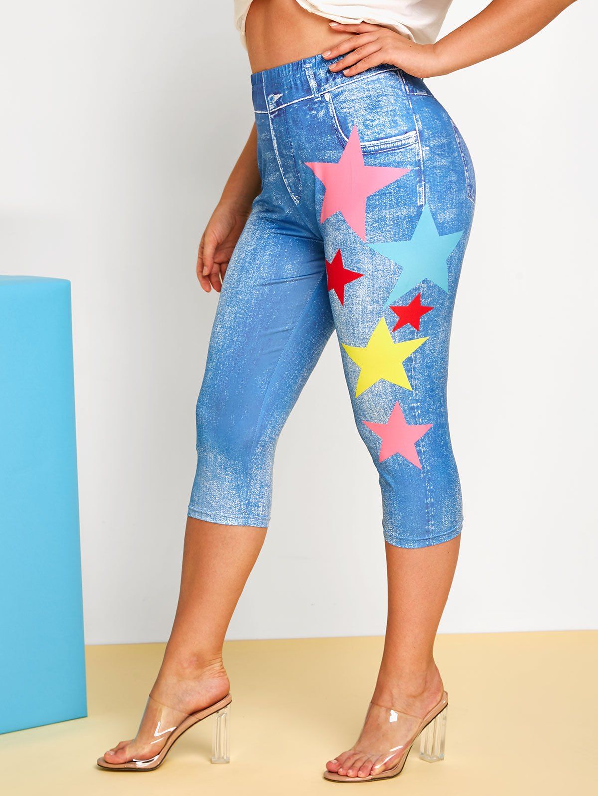 Plus Size Star 3D Jean Print Cropped Jeggings - BLUE L