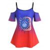 T-shirt  à Imprimé Drapeau Américain en Couleur Ombrée à Epaule Dénudée Grande Taille - multicolor 3X