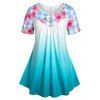 T-shirt en Couleur Ombrée à Imprimé Fleuri de Grande Taille - Bleu clair 1X