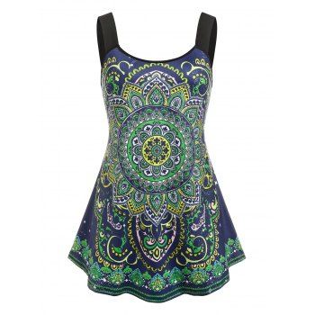 

Plus Size Ethnic Print Swing Tank Top, Light green