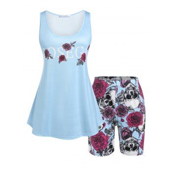 

Plus Size Rose Skull Print Top and Shorts Pajamas Set, Light blue