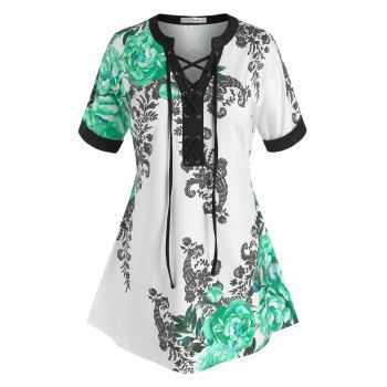 

Plus Size Flower Print Lace-up Short Sleeve Tee, Light green