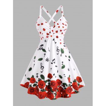 

Plus Size Petal Flower Musical Notes Printed Skirted Tank Top, White