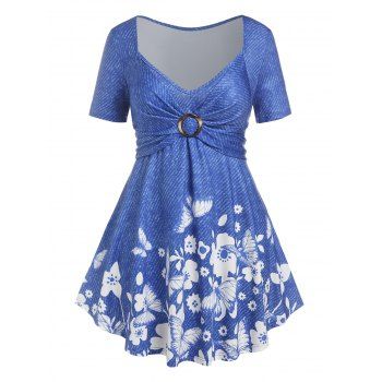 

Plus Size O Ring Floral Butterfly Print Tee, Blue