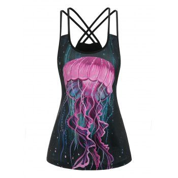 

Vacation Strappy Cross Back Jellyfish Painting Tank Top, Black