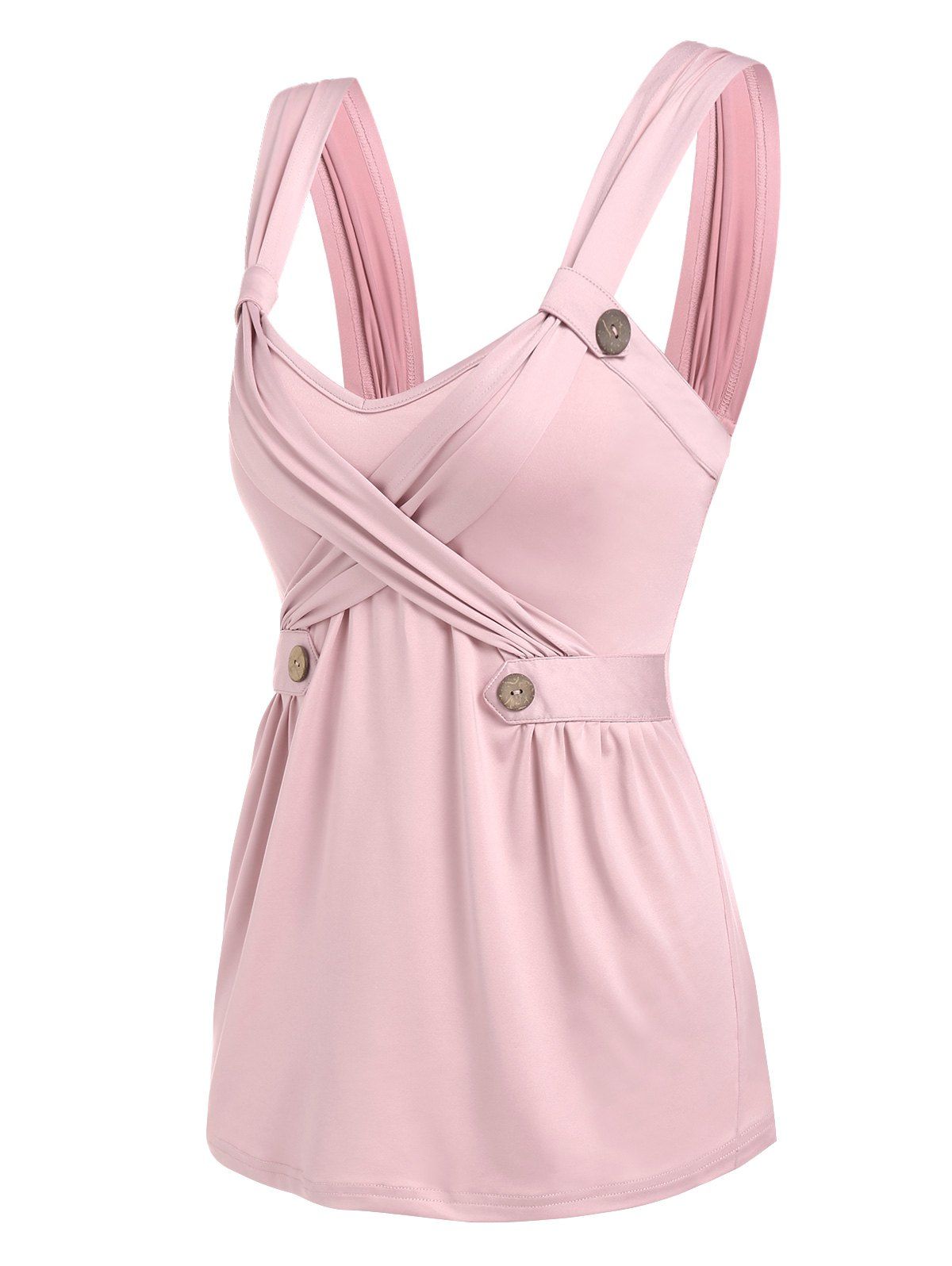 Button Detail Ruched Crossover Tank Top - LIGHT PINK XXL
