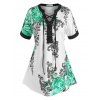 T-shirt à Imprimé Fleur à Manches Courtes de Grande Taille à Lacets - Vert clair 3X
