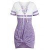 Colorblock Space Dye Print Mini Dress Lace Up Front Twist Tee Dress Short Sleeve Asymmetric Dress - LIGHT GRAY XXL
