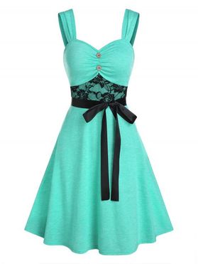 Lace Insert Button Ruched Belted Dress