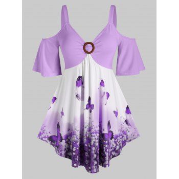 

Plus Size Butterfly Floral Open Shoulder Tee, Light purple