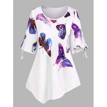 

Plus Size Butterfly Print Slit Flare Sleeve T Shirt, White