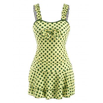 

Polka Dot Bowknot Lettuce Strap Skirted Tankini Swimwear, Light yellow