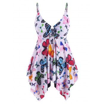 

Plus Size Keyhole Butterfly Print Handkerchief Tankini Swimwear, White