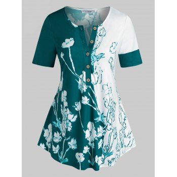 

Plus Size Half Button Floral Print Colorblock Tee, Deep green