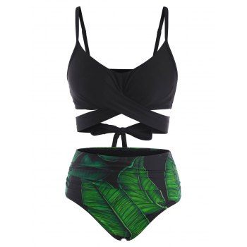 

Tummy Control Vacay Swimsuit Tropical Leaf Criss Cross Bikini Swimwear, Black