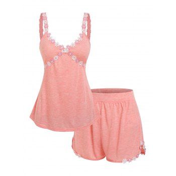 

Flower Embroidered Heathered Sleepwear Set, Light pink