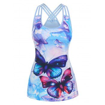 

Criss Cross Straps Butterfly Print Tank Top, Light blue
