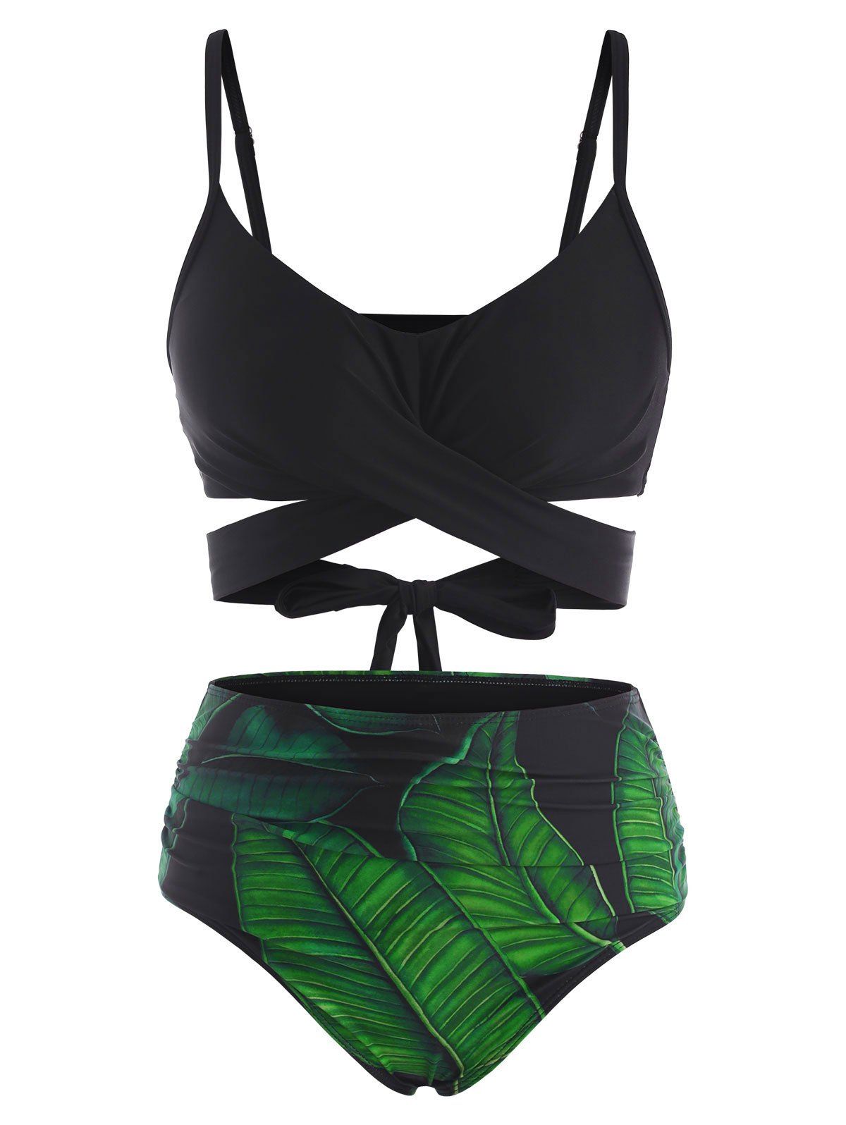 Tummy Control Bikini Swimsuit Tropical Bathing Suit Leaf Wrap Tied Back Beach Swimwear - BLACK XXL