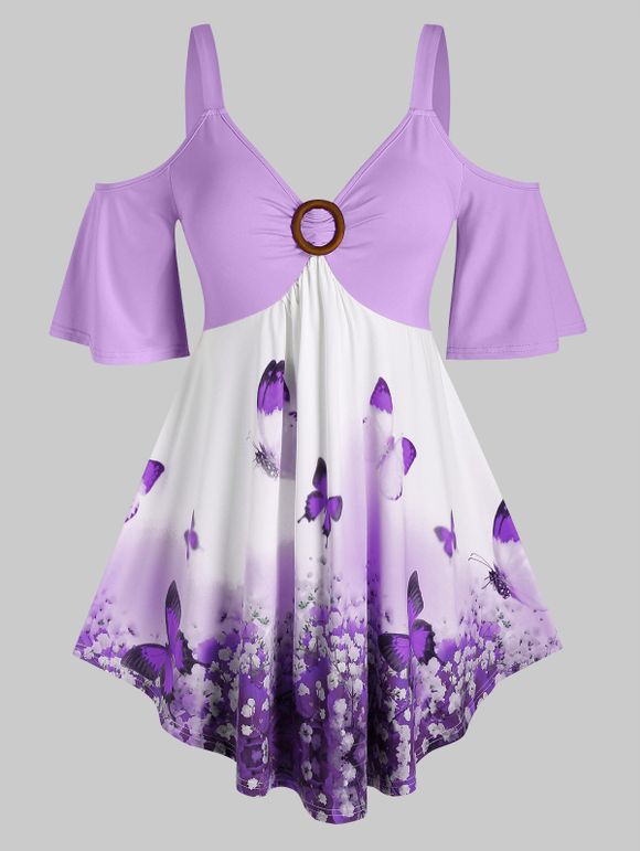 T-Shirt à Épaules Dénudées Motif Papillons et Fleurs Grande-Taille - Violet clair L