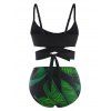 Tummy Control Bikini Swimsuit Tropical Bathing Suit Leaf Wrap Tied Back Beach Swimwear - BLACK S