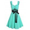 Lace Insert Button Ruched Belted Dress - LIGHT GREEN 2XL