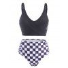Checkered Crisscross Ruched Cinched Three Piece Tankini Swimwear - BLACK S