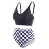 Checkered Crisscross Ruched Cinched Three Piece Tankini Swimwear - BLACK L