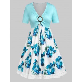 

Plus Size Flower Butterfly Print Lace Panel Empire Waist Dress, Light green