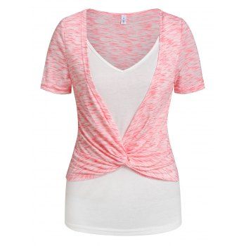 

Space Dye Print Twist Front Faux Twinset T-shirt, Light pink