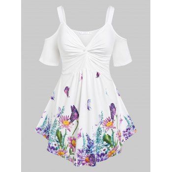 

Plus Size Cold Shoulder Butterfly Flower Print Twisted T Shirt, White