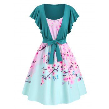 

Flower Butterfly Print Cami Dress with Tie Front T Shirt, Green