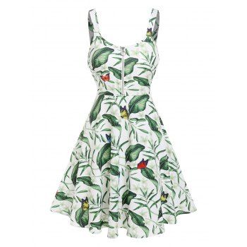 Women Tropical Summer Butterfly Leaf Print Front Zipper Flare Cami Sundress Clothing Xxl Light green