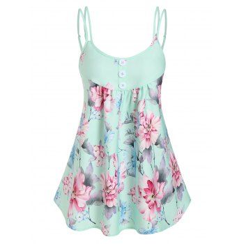 

Flower Print Mock Button Strappy Tank Top, Light green