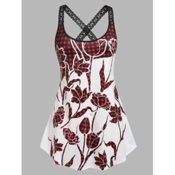 

Plus Size Crisscross Flower Gingham Lace Insert Tank Top, White
