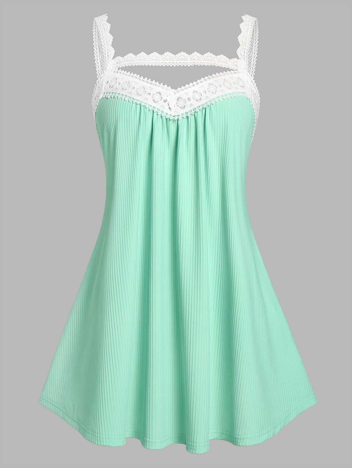 Plus Size Lace Strap Ribbed Tank Top - LIGHT GREEN 2X