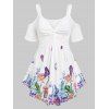 T-shirt Tordu à Imprimé Papillon et Fleur à Epaule Dénudée de Grande Taille - Blanc 1X