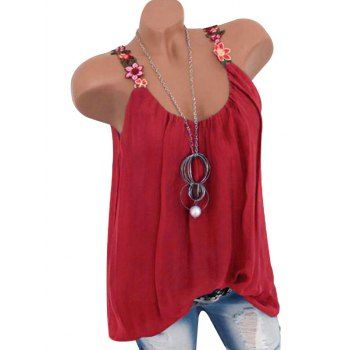 

Flower Embroidered Pleated Tunic Tank Top, Red