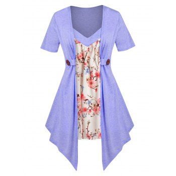 

Plus Size Floral Print Faux Twinset Irregular Tee, Light blue