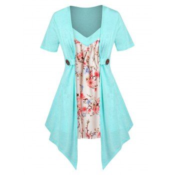 

Plus Size Floral Print Faux Twinset Irregular Tee, Light green