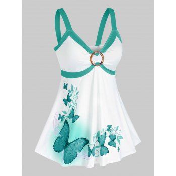

Plus Size O Ring Butterfly Print Tank Top, Deep green