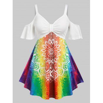 

Plus Size Rainbow Flower Open Shoulder Knotted T Shirt, Multicolor