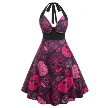 

Plus Size Skull Empire Waist Halter Dress, Black