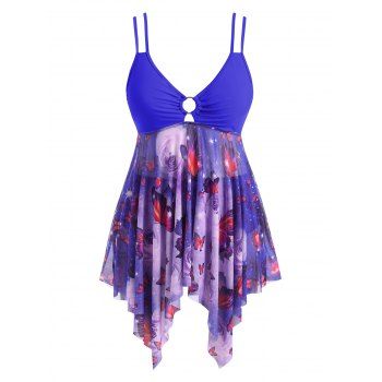 

Plus Size O-ring Butterfly Print Mesh Panel Handkerchief Hem Tankini Swimwear, Blue